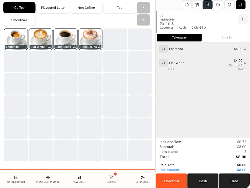Sales screen with an order and Checkout, Cash, and Card buttons