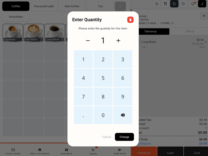 Enter Quantity window with quantity controls, Change, and the delete icon