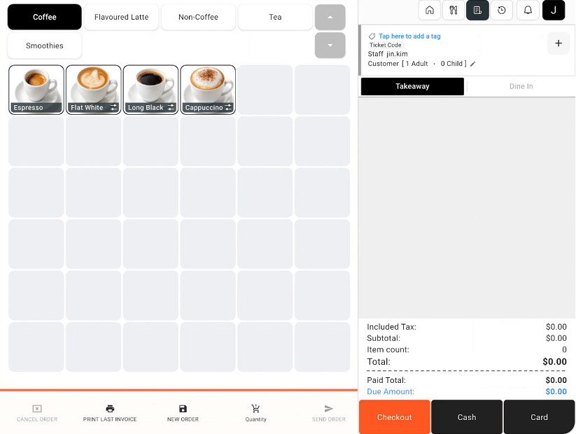 Sales screen with menu categories, items, order summary, and payment controls