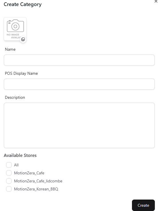 Create Category form with Available Stores