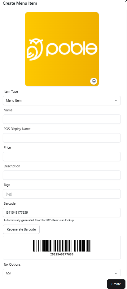 Create Menu Item form in the company backoffice