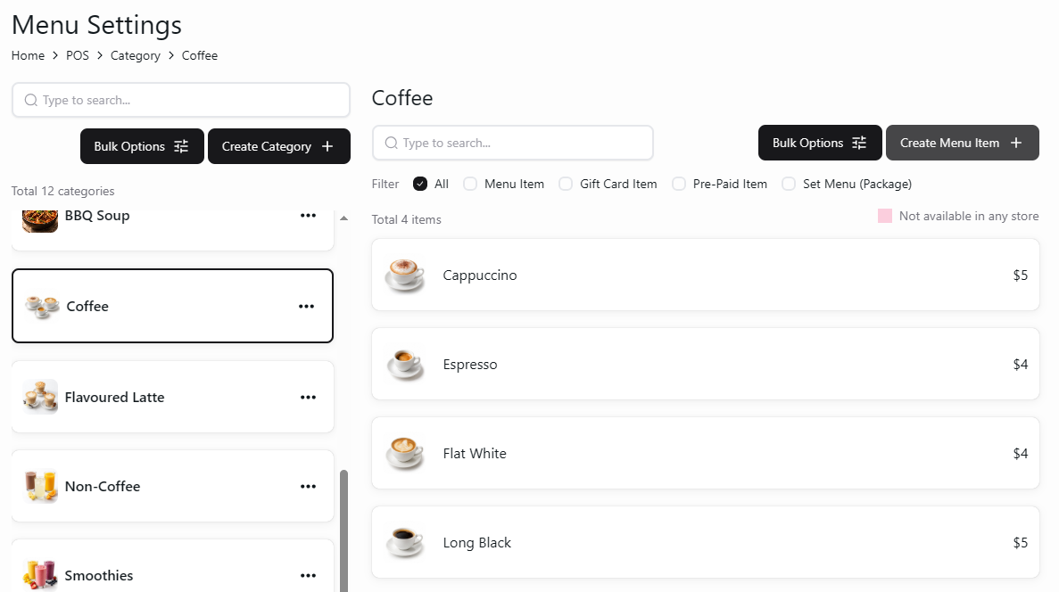 Coffee category with menu items and Create Menu Item button