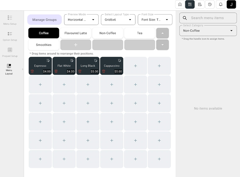 POS Menu Layout with category groups, item grid, and layout controls