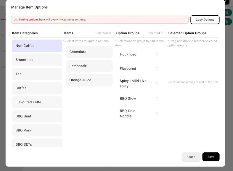 Manage Item Options with categories, items, and selected option groups