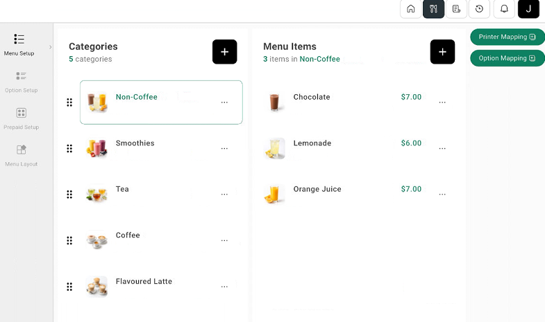 POS Menu Setup with categories and menu items