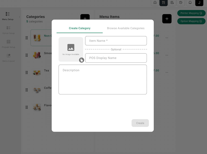 Create Category dialog on the POS