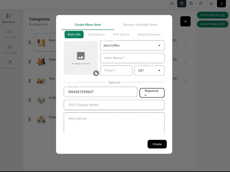 Create Menu Item dialog with Basic Info and optional settings