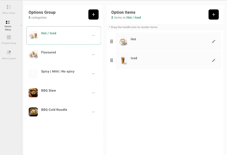 POS Option Setup with option groups and option items