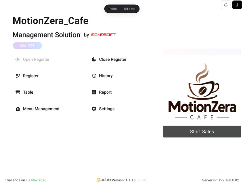 POS main screen showing Menu Management and Settings