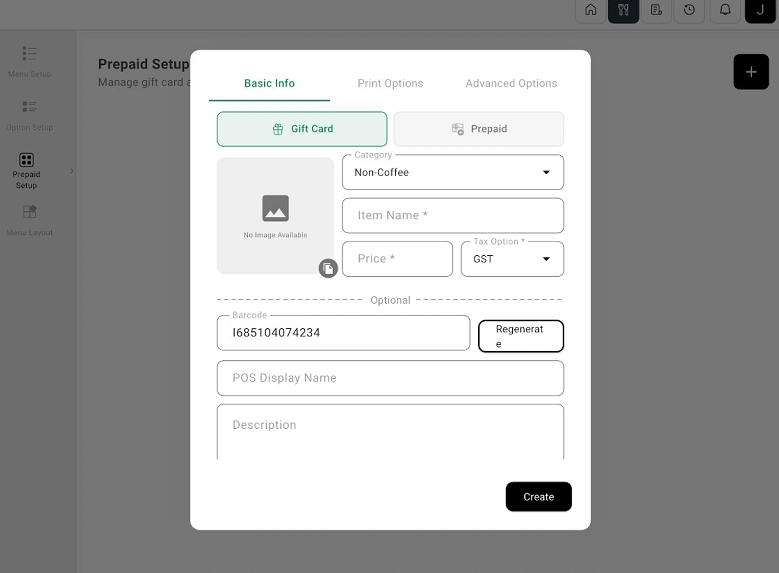 Prepaid Setup form with Gift Card and Prepaid choices