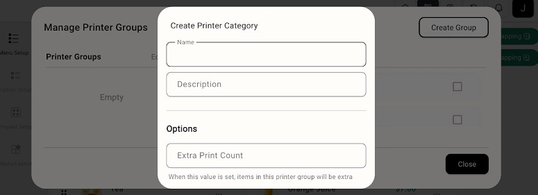 Manage Printer Groups and Create Printer Category form
