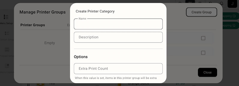 Manage Printer Groups and Create Printer Category form