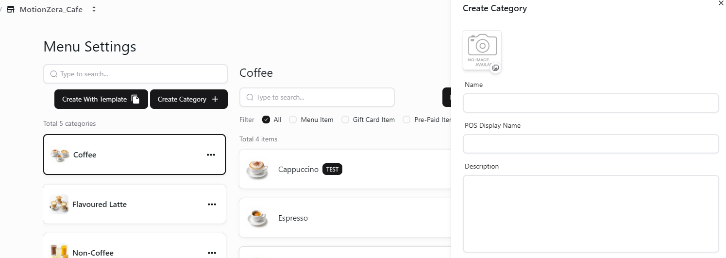 Create Category form in the selected store