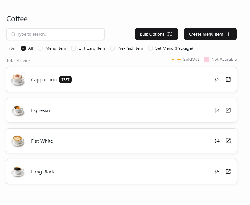 Store menu items and Create Menu Item button