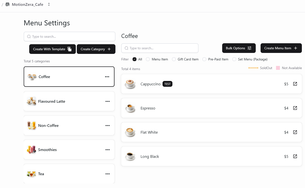 Store-specific menu categories and items