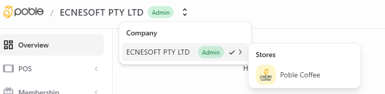 Company and store selector in the POBLE backoffice