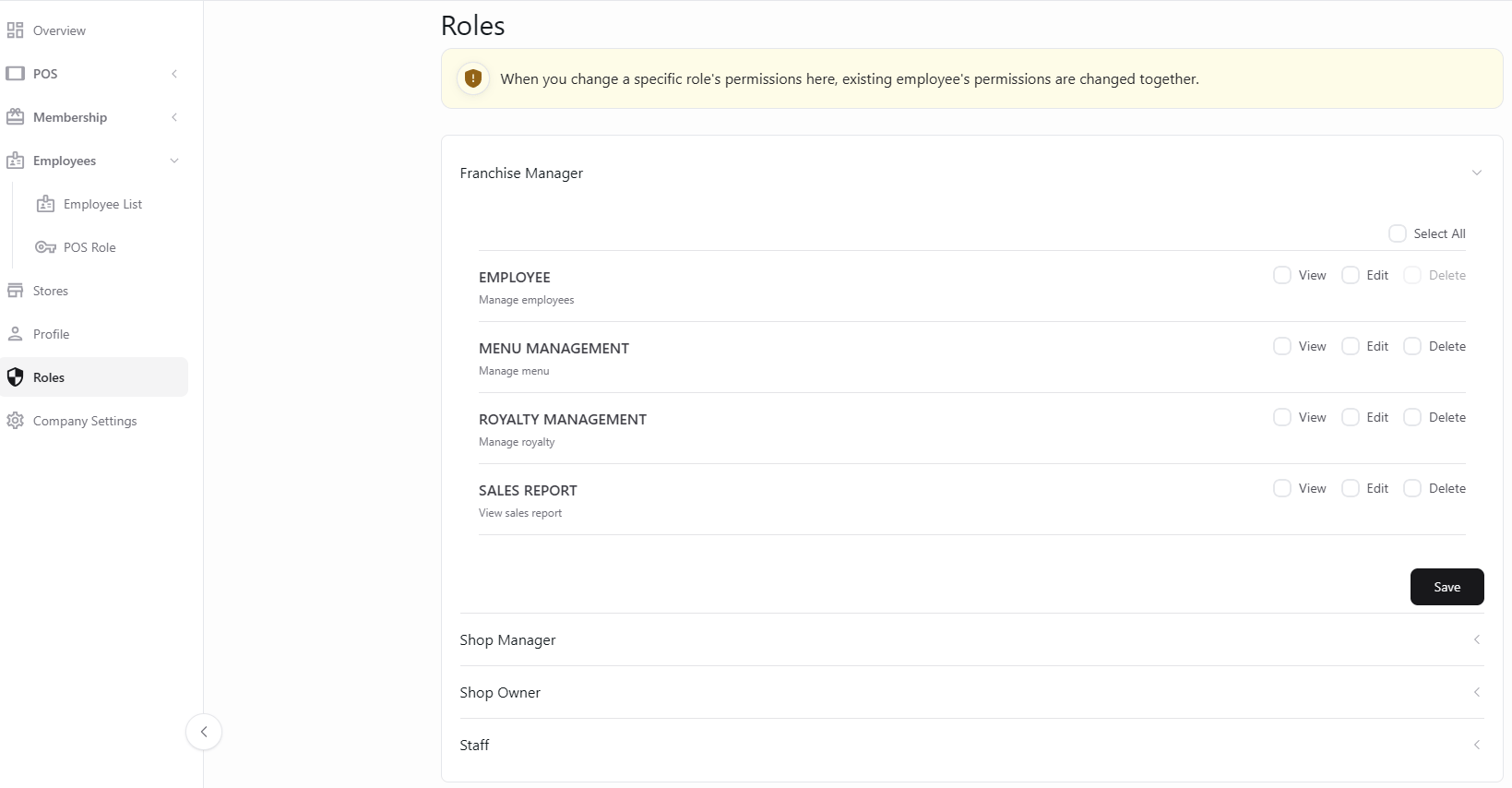 Configure the actions each staff role can perform.
