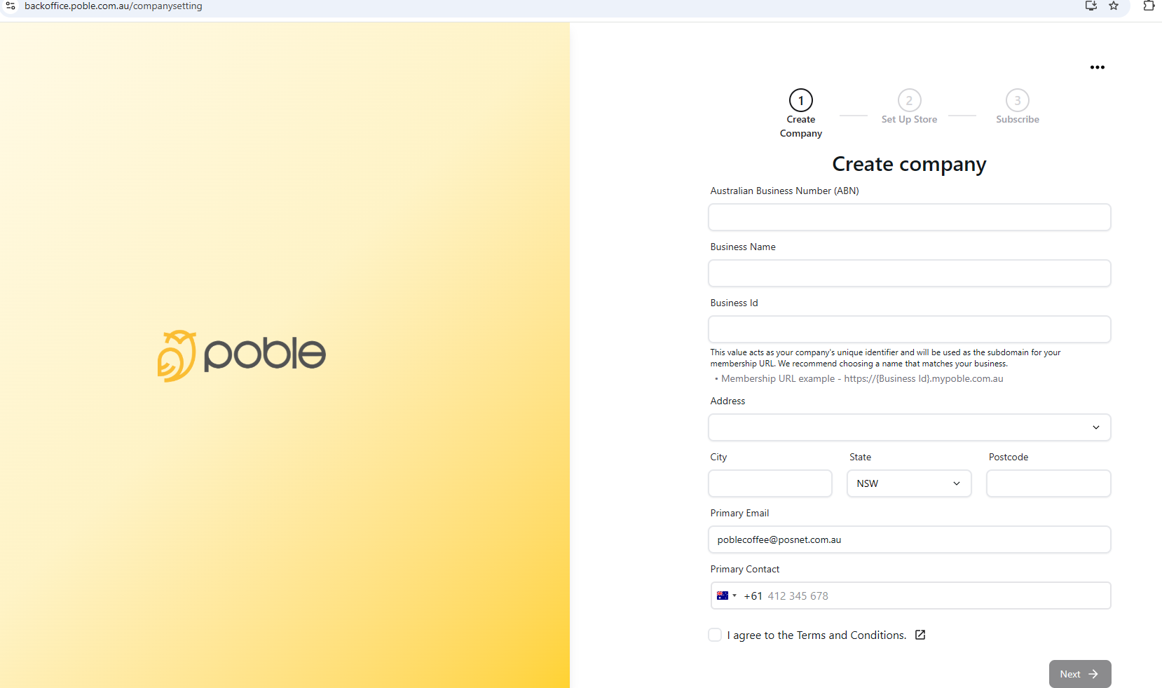 Enter your company and business details to begin setting up POBLE.