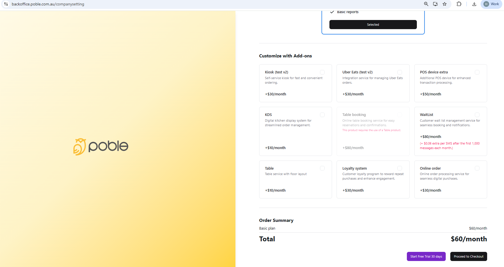 Choose optional features and review your subscription total.