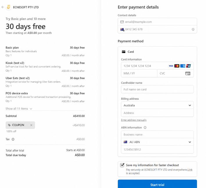 Complete billing setup and start the trial shown at checkout.