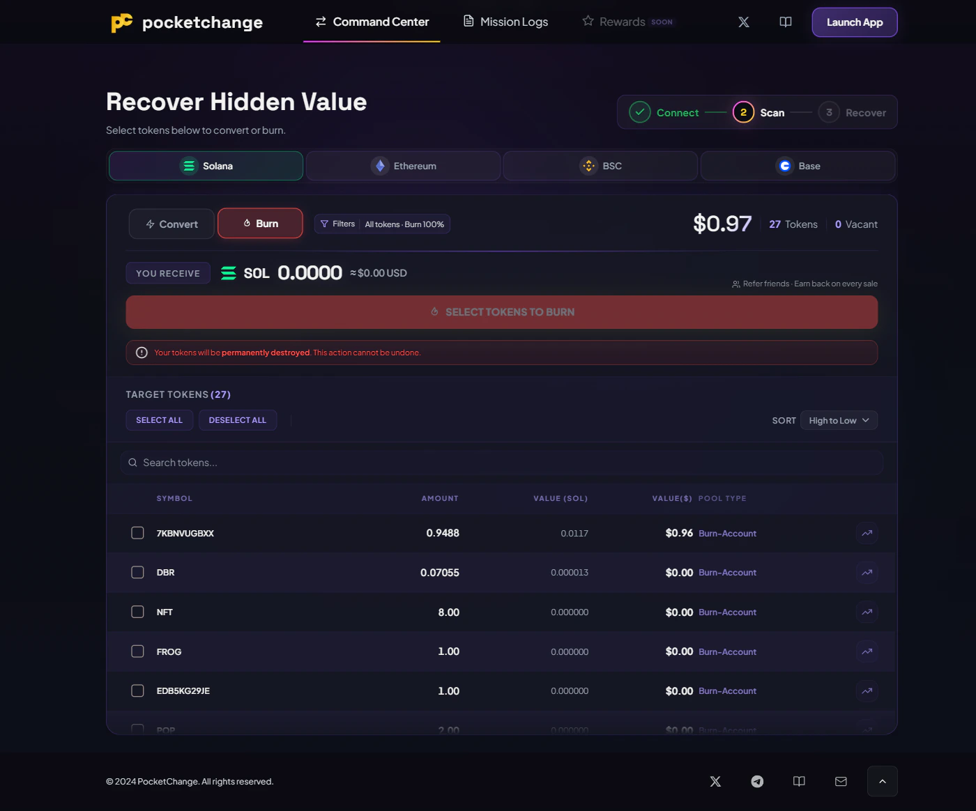 Command Center in Burn mode showing Burn toggle active, red Burn Tokens button, and permanent destruction warning