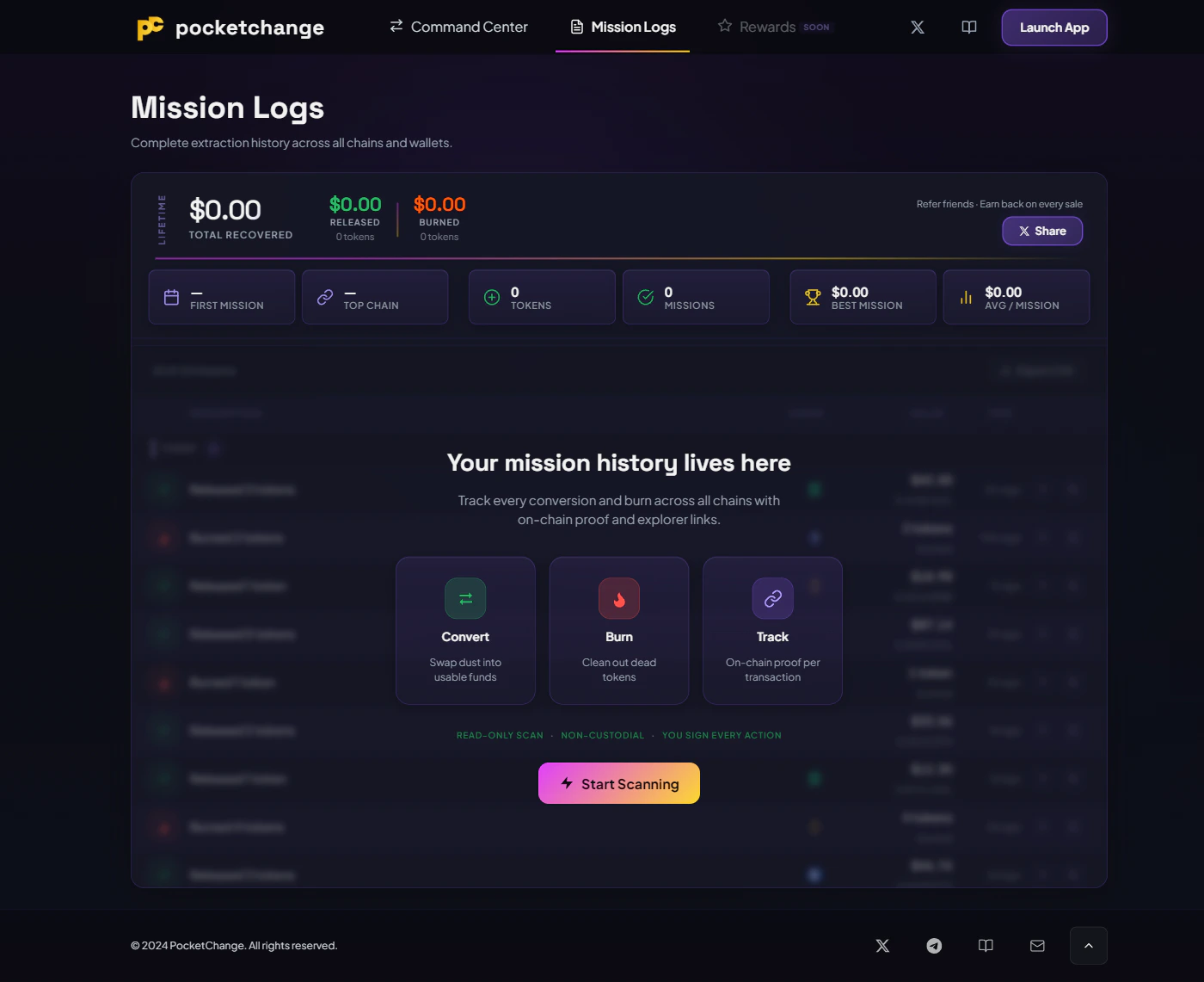 Mission Logs empty state prompting user to connect wallet