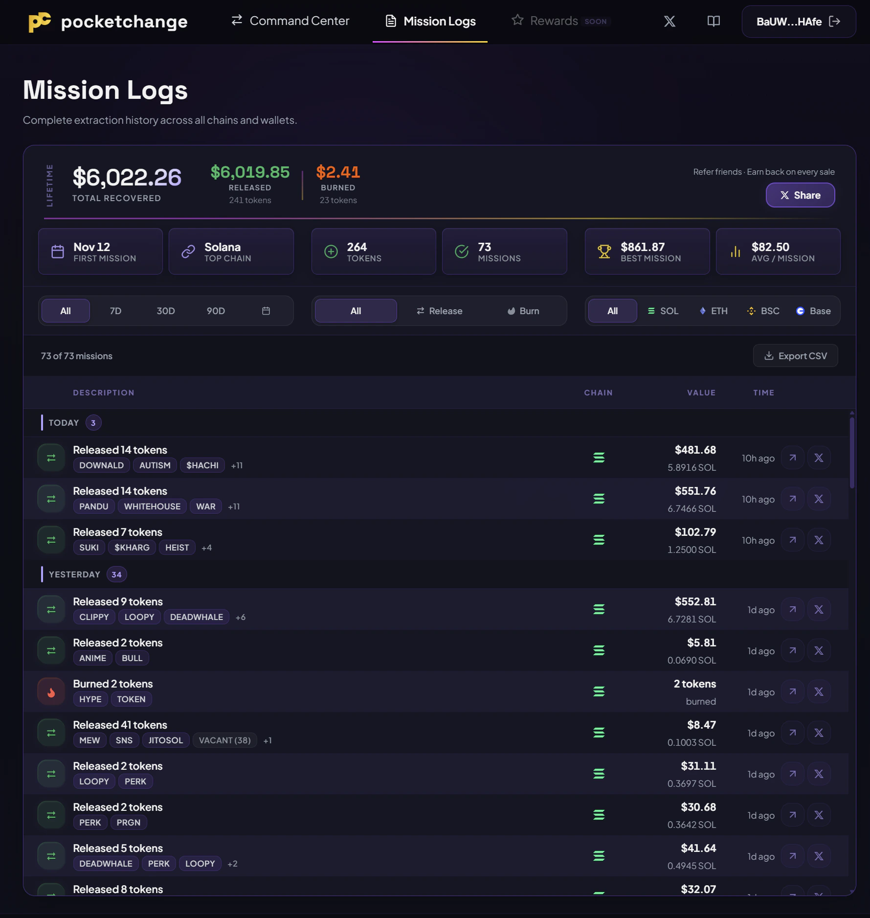 Mission Logs showing lifetime stats card, filter strip, and 73 missions grouped by date with $6,022 total recovered