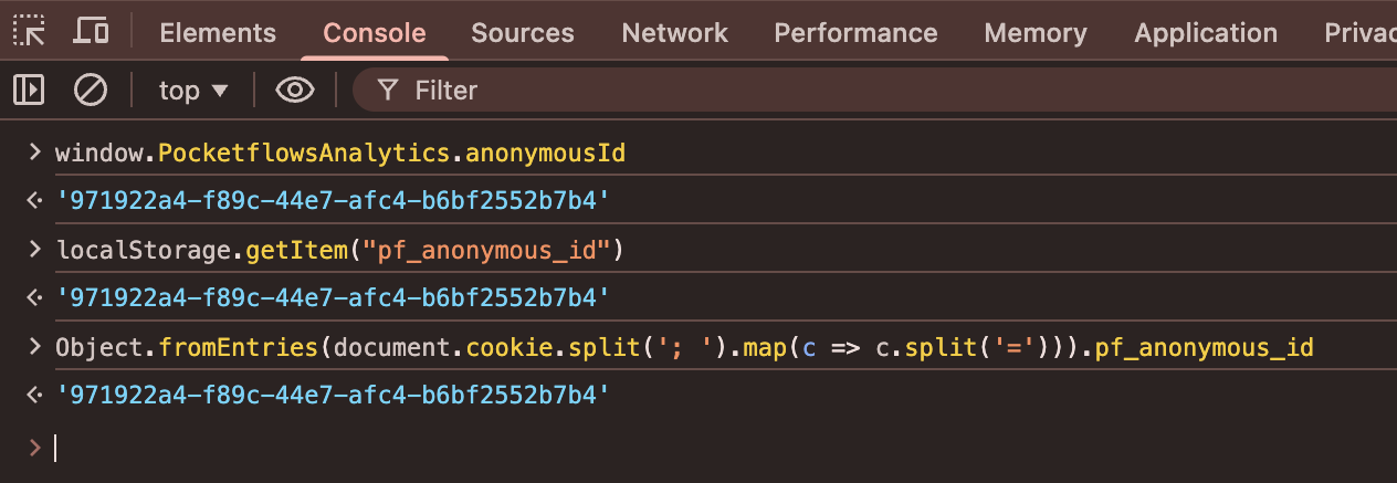 Browser console showing anonymous ID access methods
