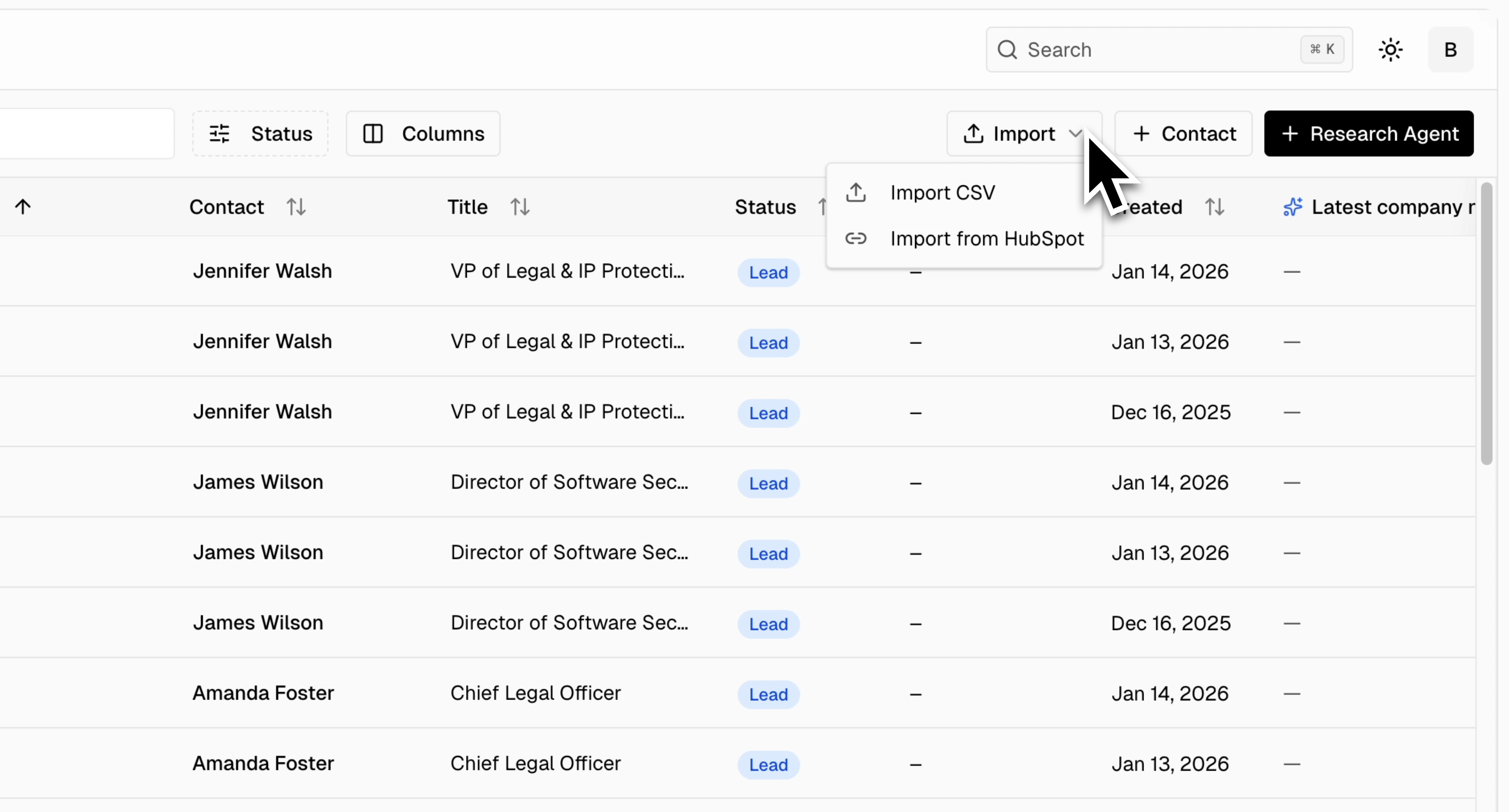 Contacts header showing Import button highlighted