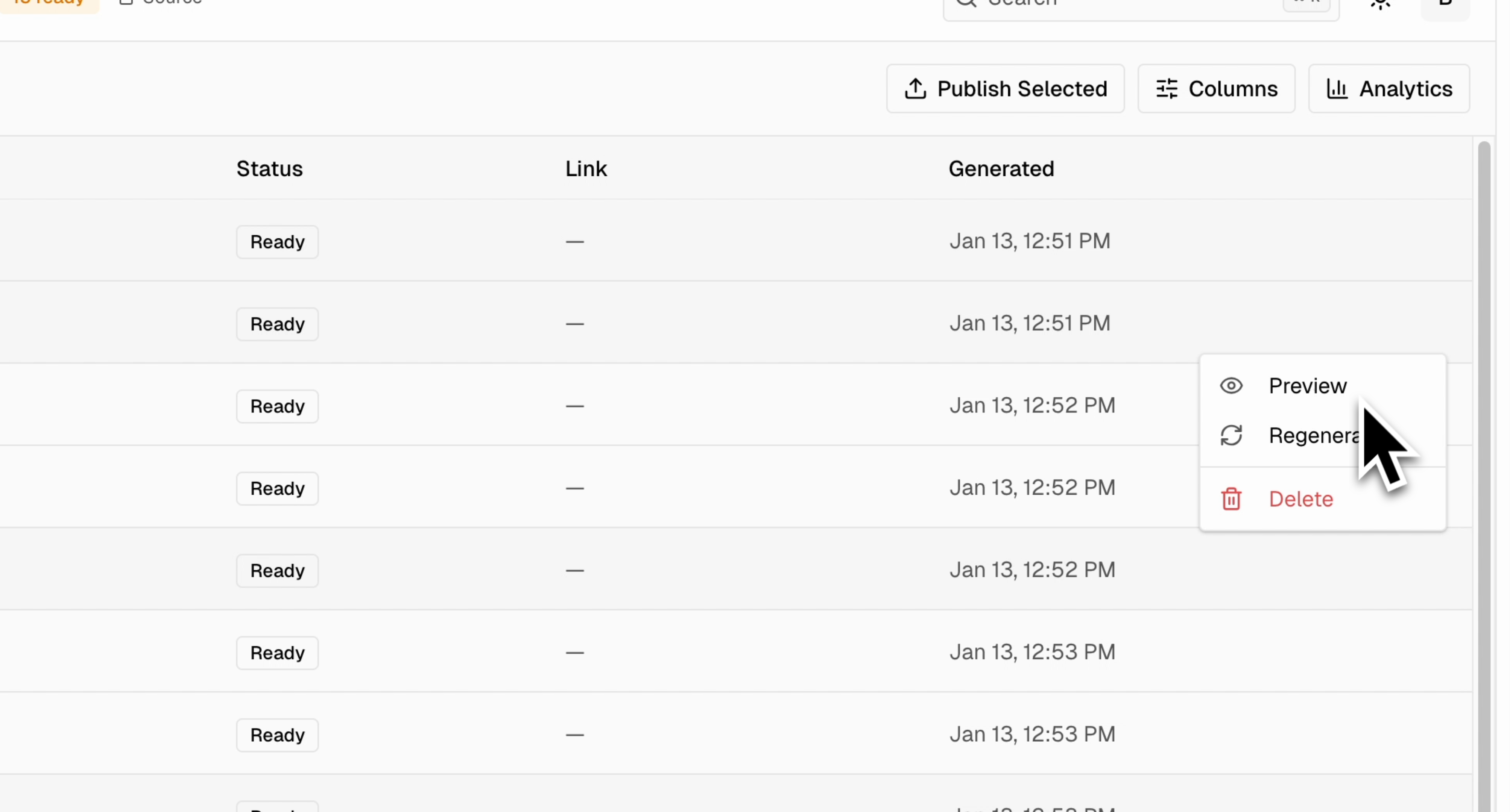 Instances view after generation