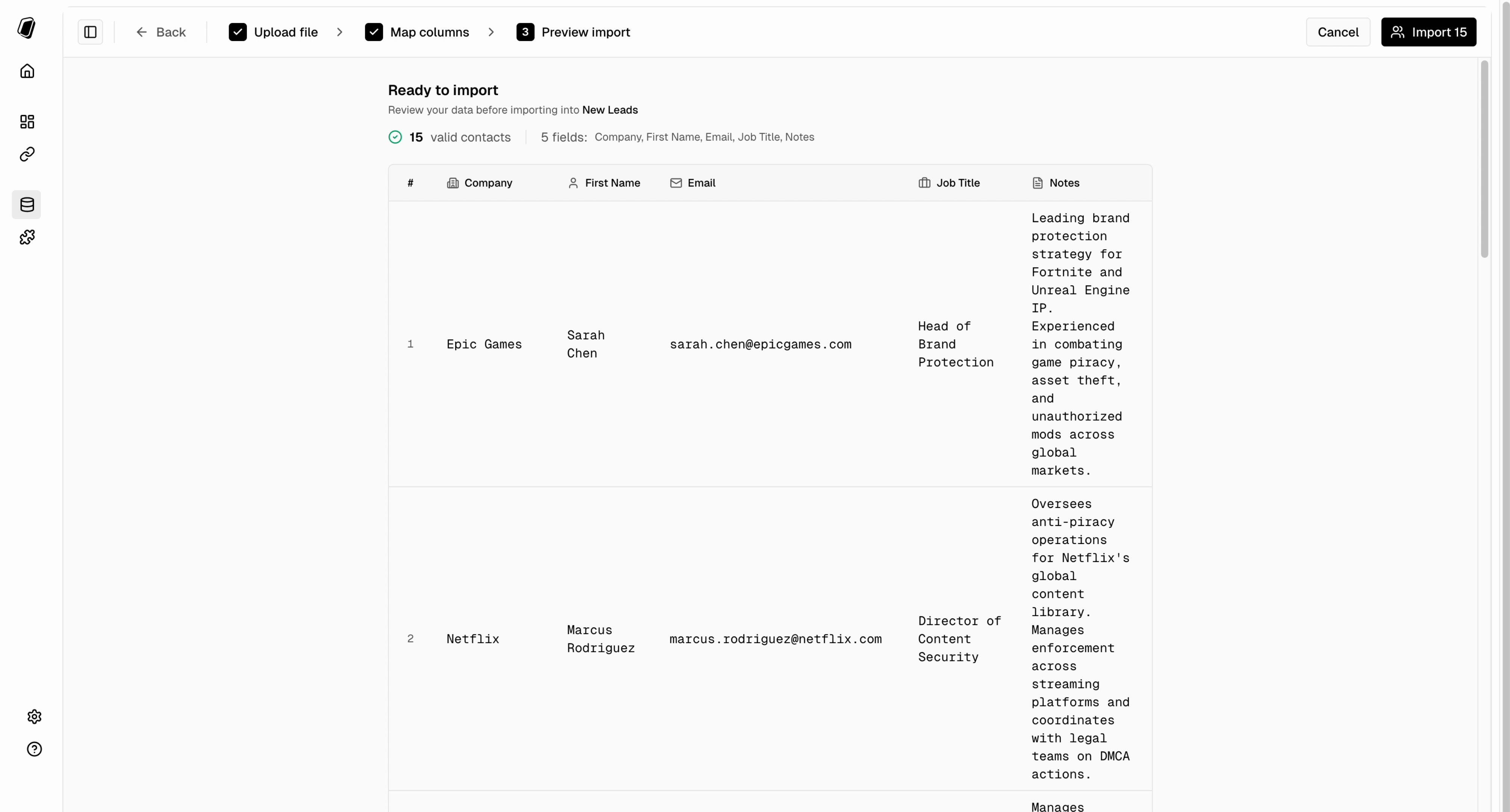 Import preview showing sample rows