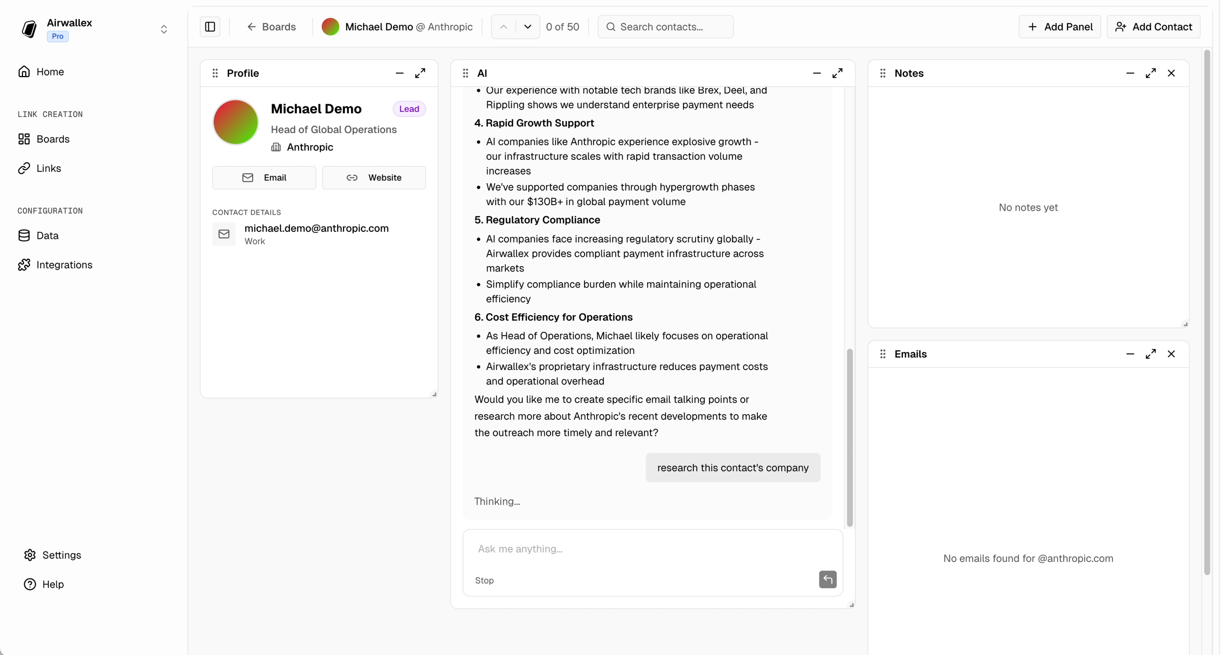 Board Agent chat panel with research prompt