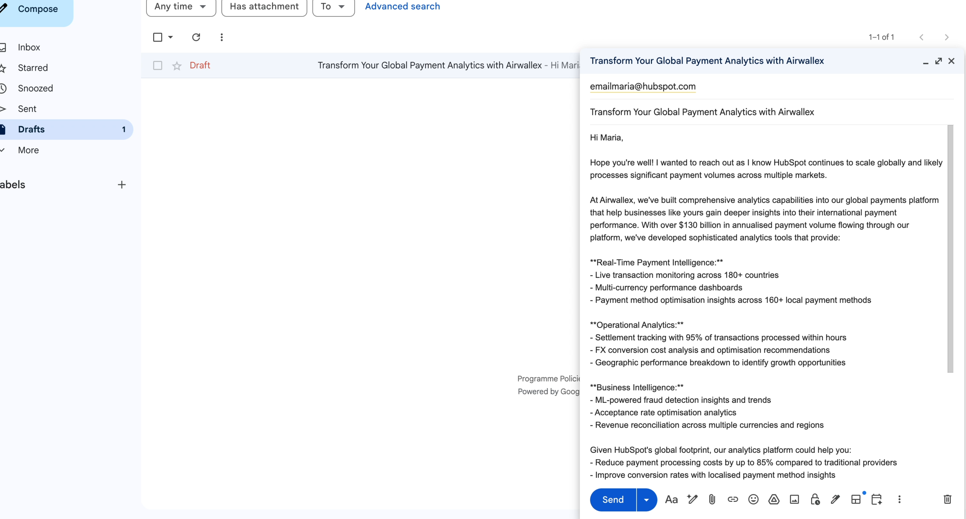 Draft in Emails panel with Open in Gmail button