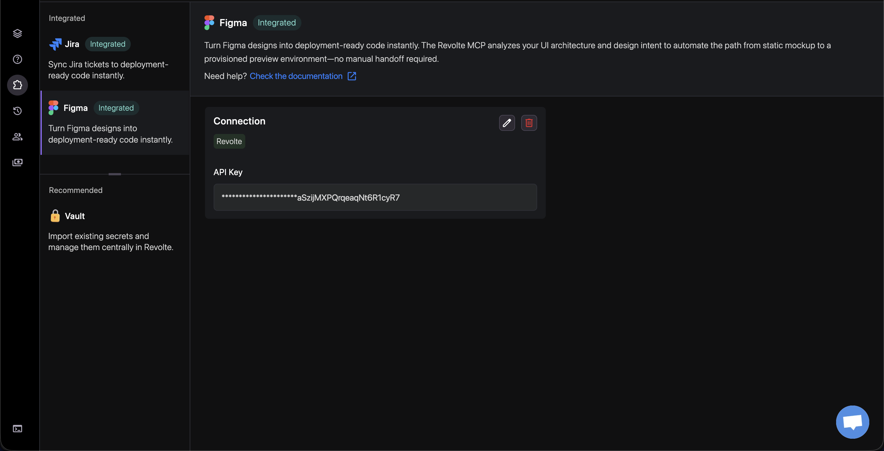 Figma connected in Revolte's Extensions panel