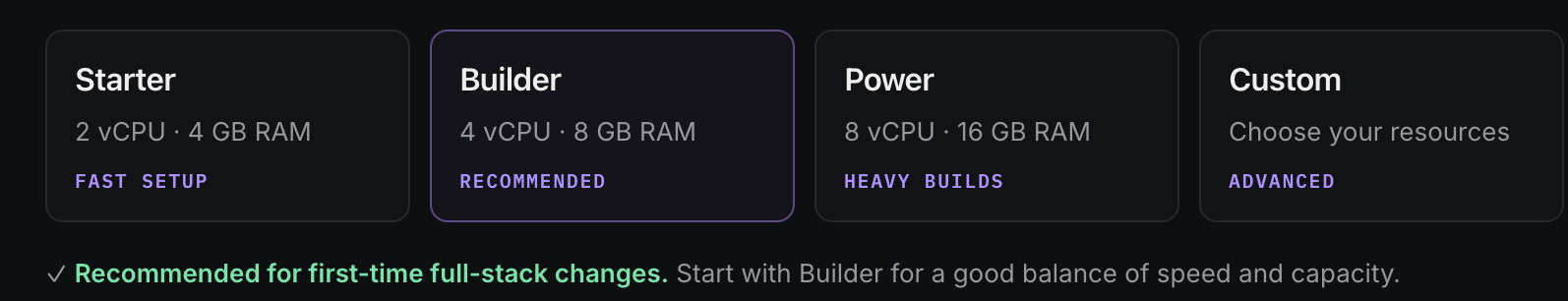 Sandbox options: Starter, Builder, Power, and Custom. Builder is recommended for a first full-stack change.
