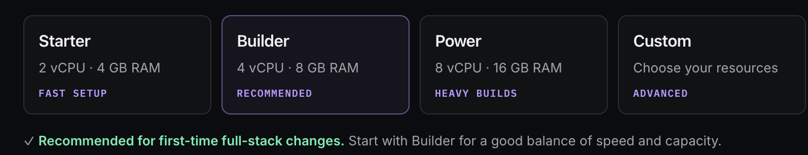 Sandbox options: Starter, Builder, Power, and Custom. Builder is recommended for a first full-stack change.