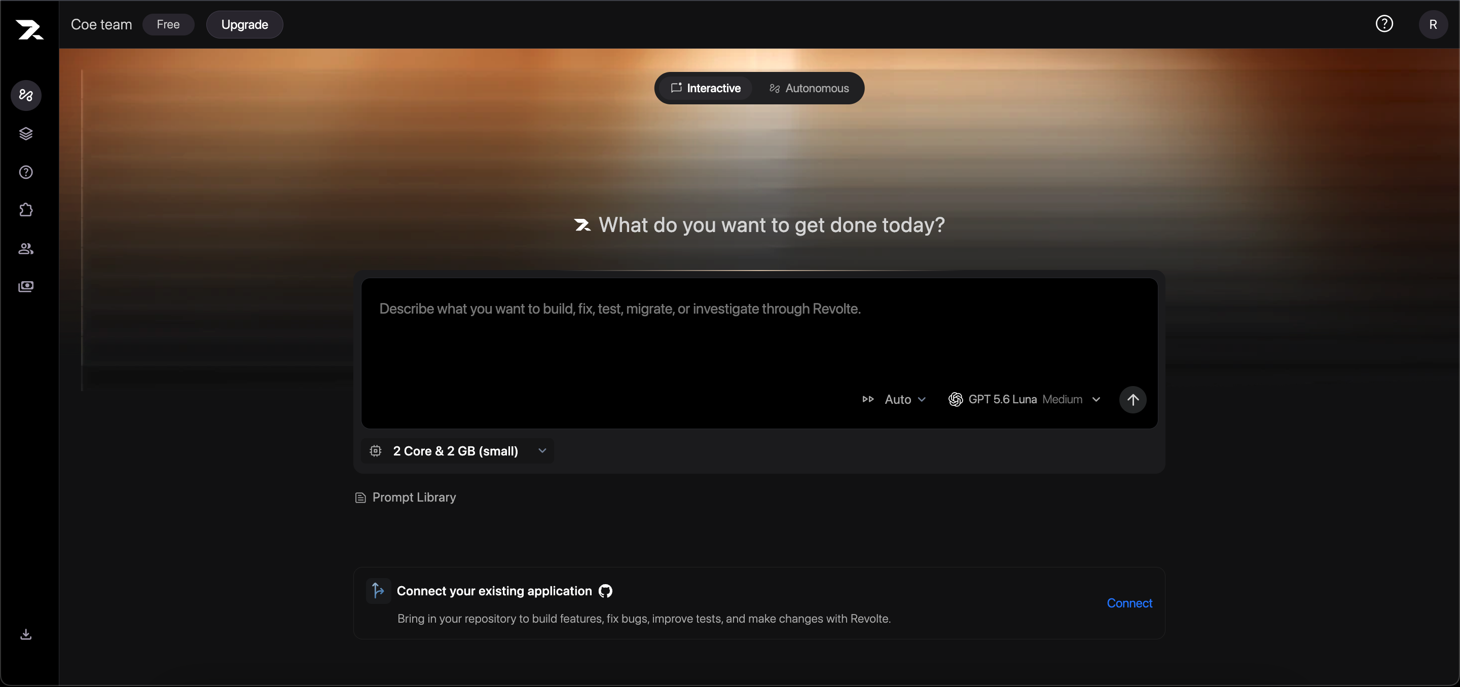 The first-time post-sign-up Interactive chat screen with a prompt composer and an option to connect an existing application.