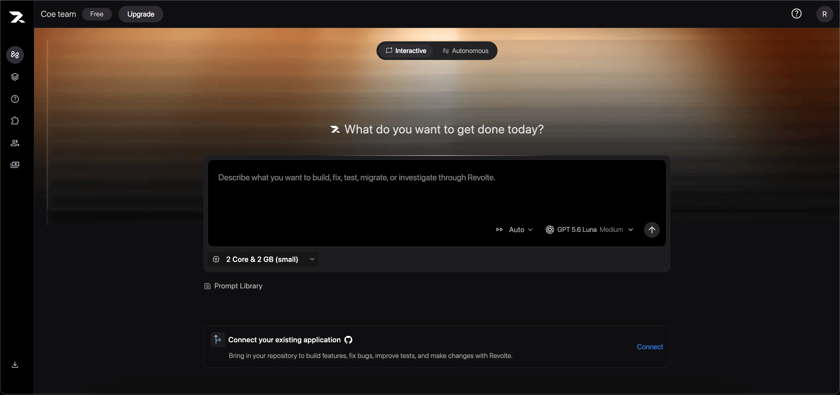 The first-time post-sign-up Interactive chat screen with a prompt composer and an option to connect an existing application.
