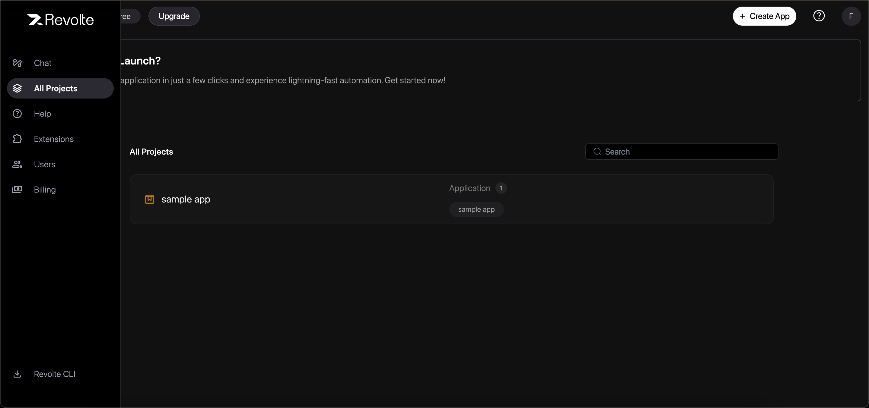 The All Projects page with an existing project and the Create App button.