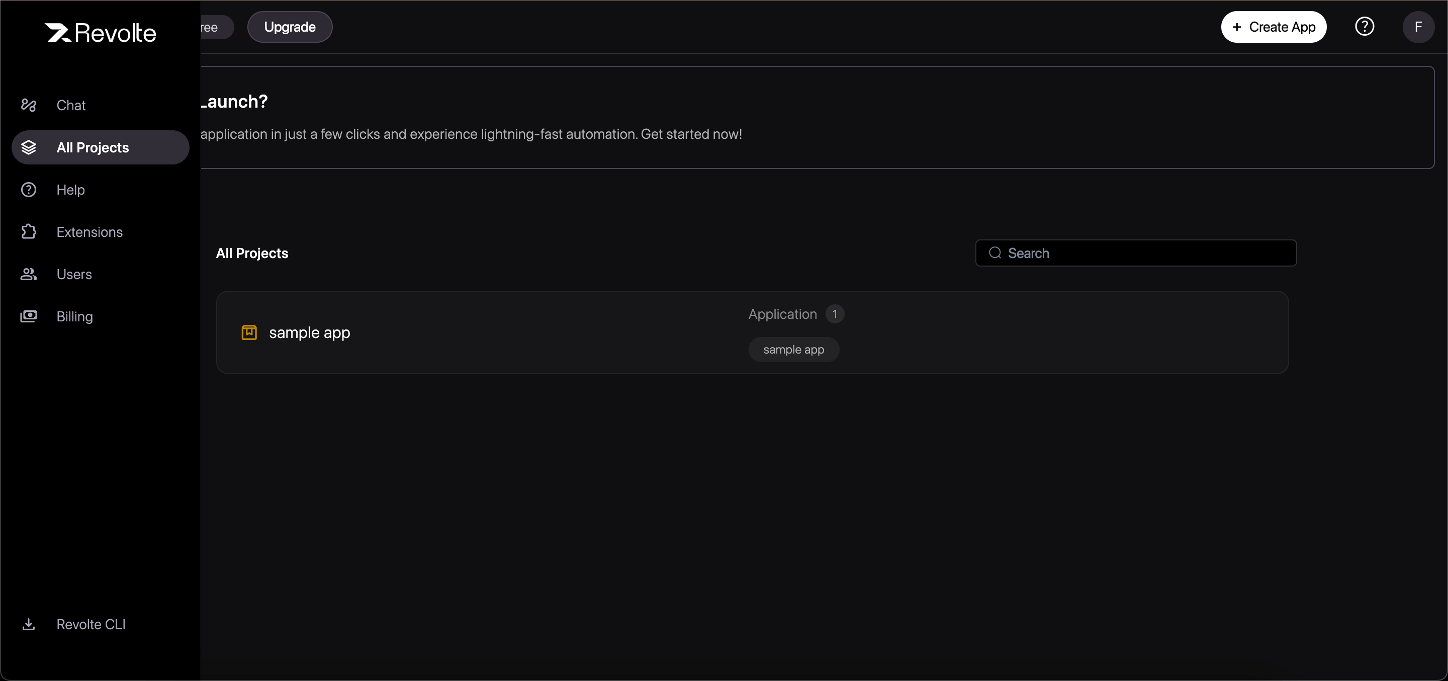 The All Projects page with an existing project and the Create App button.
