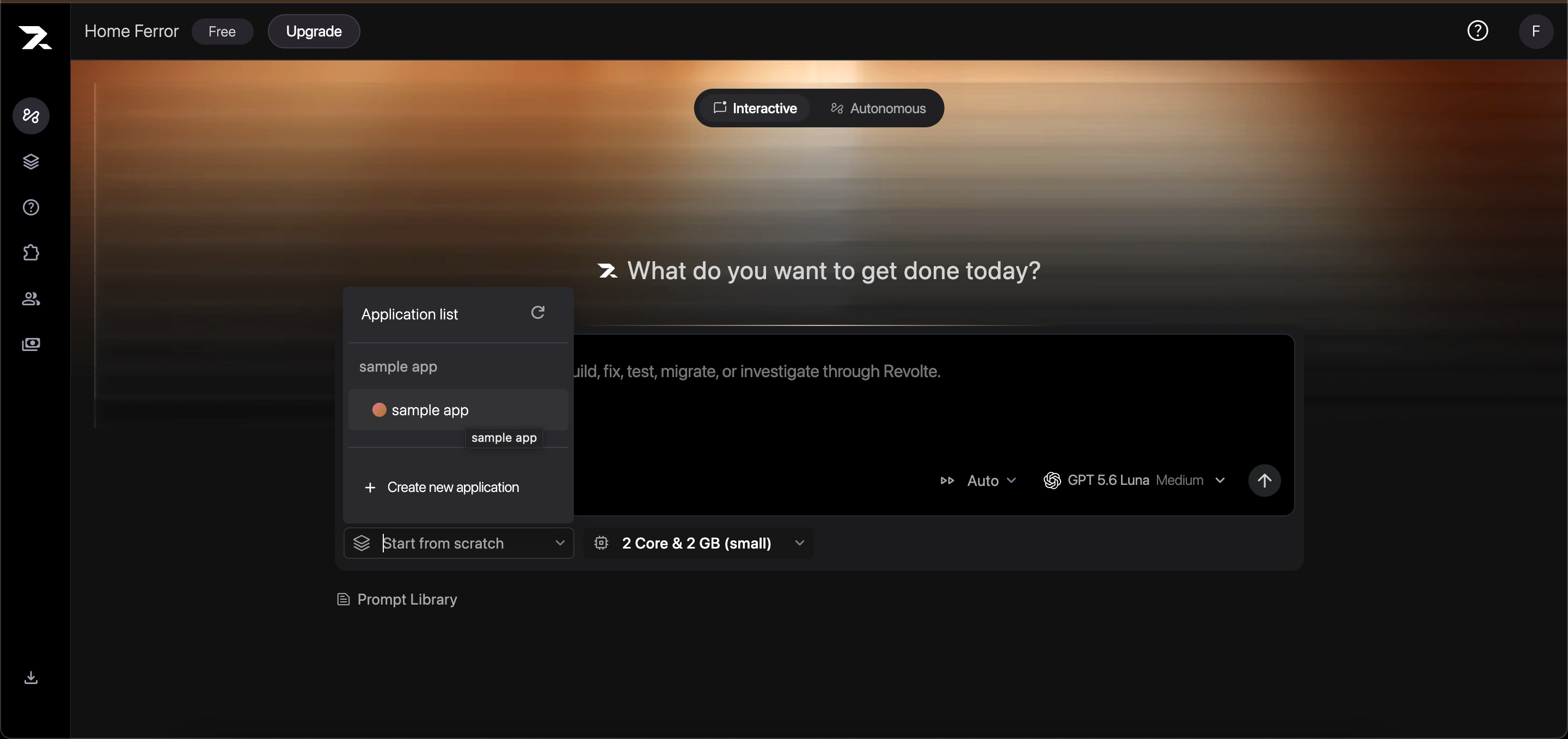 Interactive Chat with the Application list open and an existing application available to select.