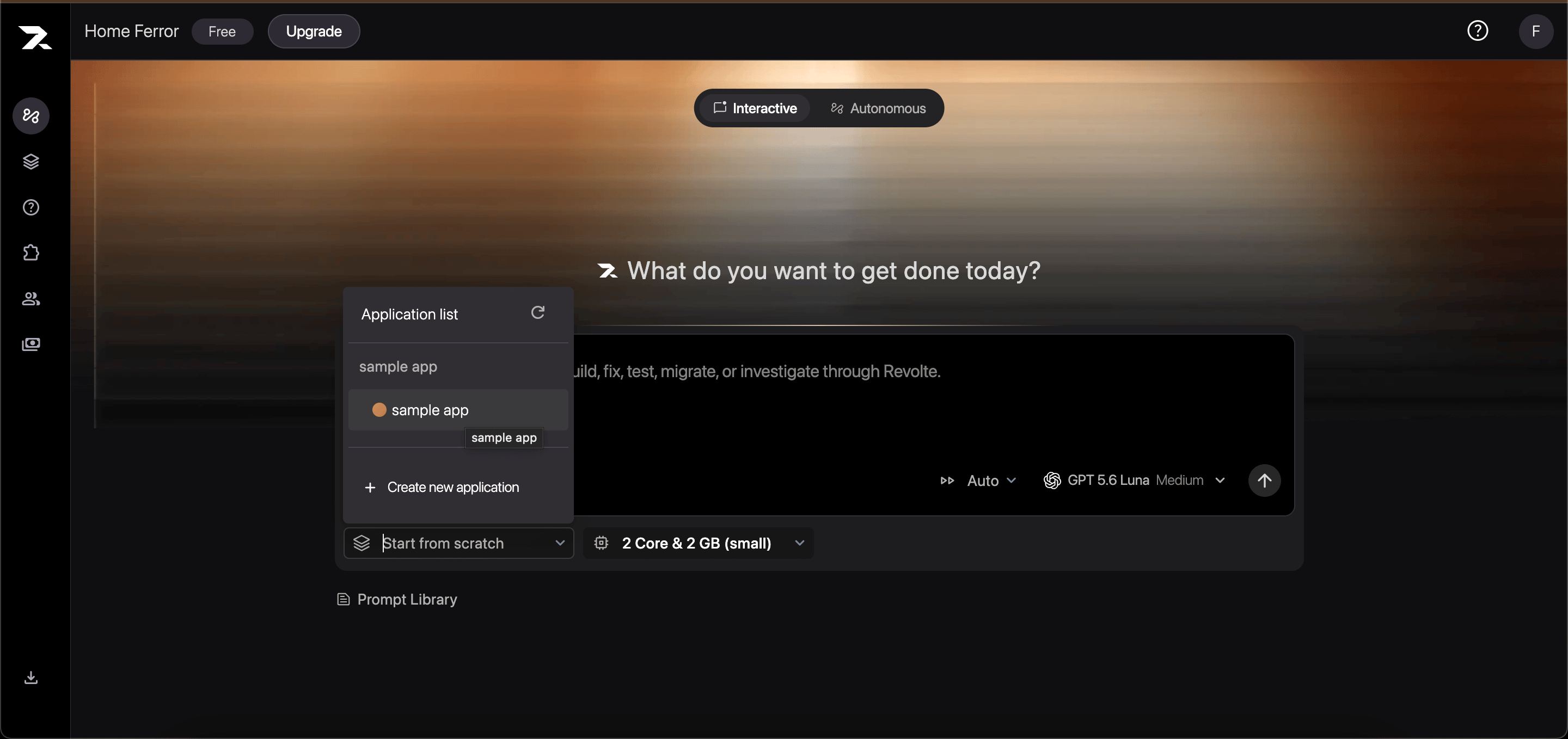 Interactive Chat with the Application list open and an existing application available to select.