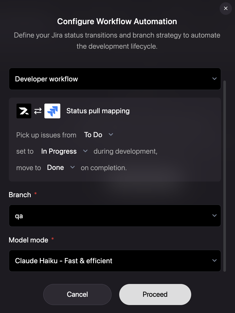 The Configure Workflow Automation form with Jira status mapping, branch, and model settings.