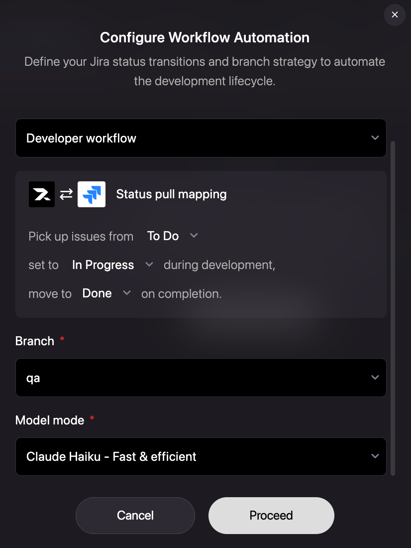 The Configure Workflow Automation form with Jira status mapping, branch, and model settings.