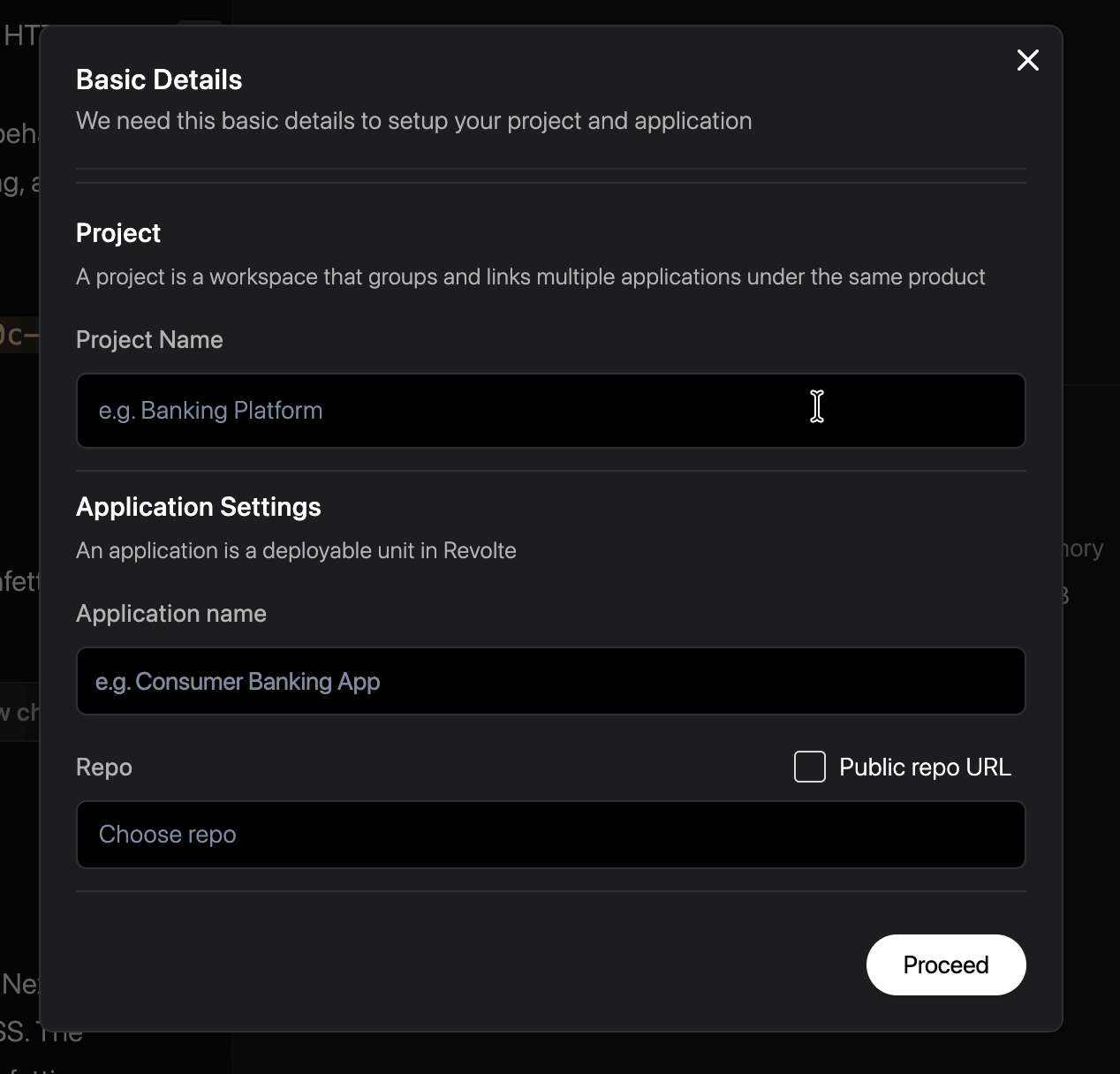 Project and application selection screen where a new project or application can be created before deployment.