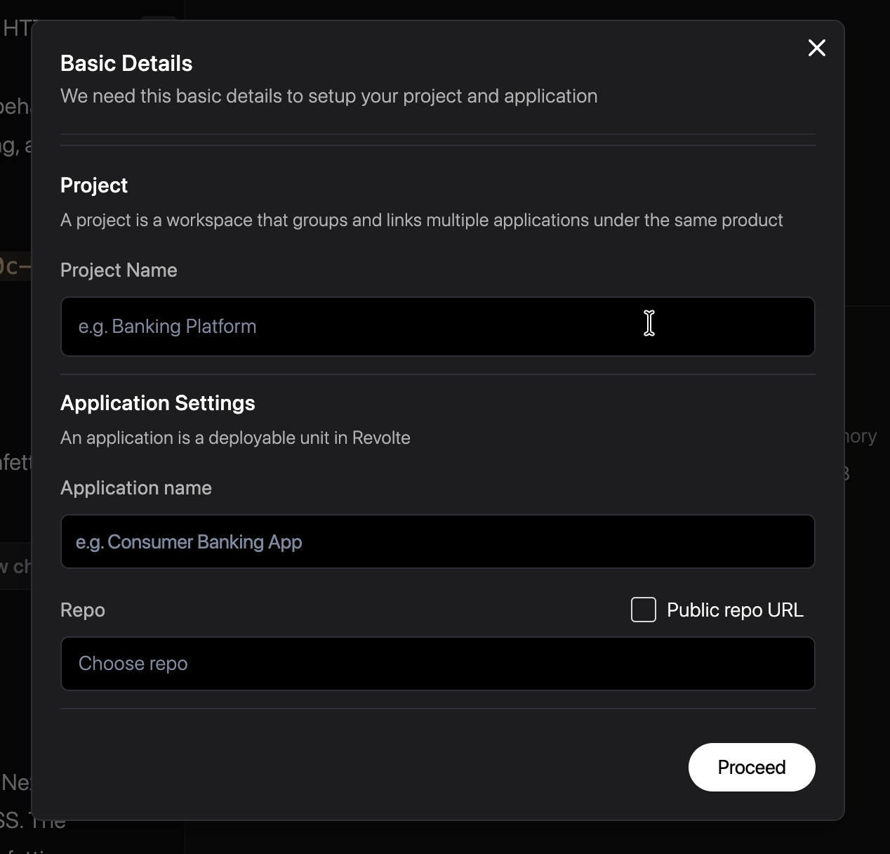 Project and application selection screen where a new project or application can be created before deployment.