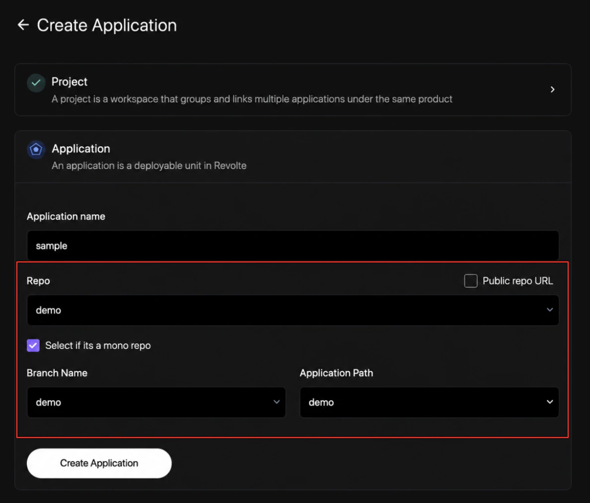 Create application with monorepo enabled