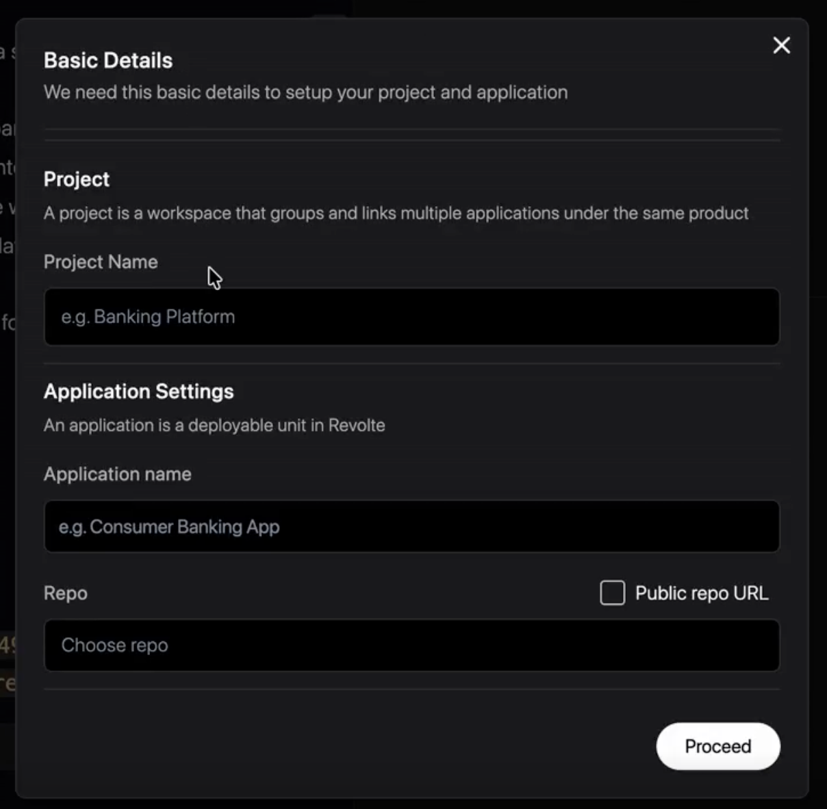 The Create an application form for selecting a project and connecting a repository.