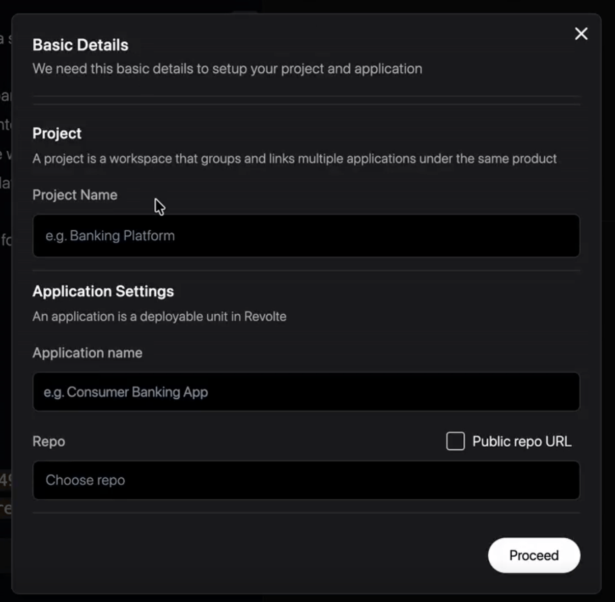 The Create an application form for selecting a project and connecting a repository.