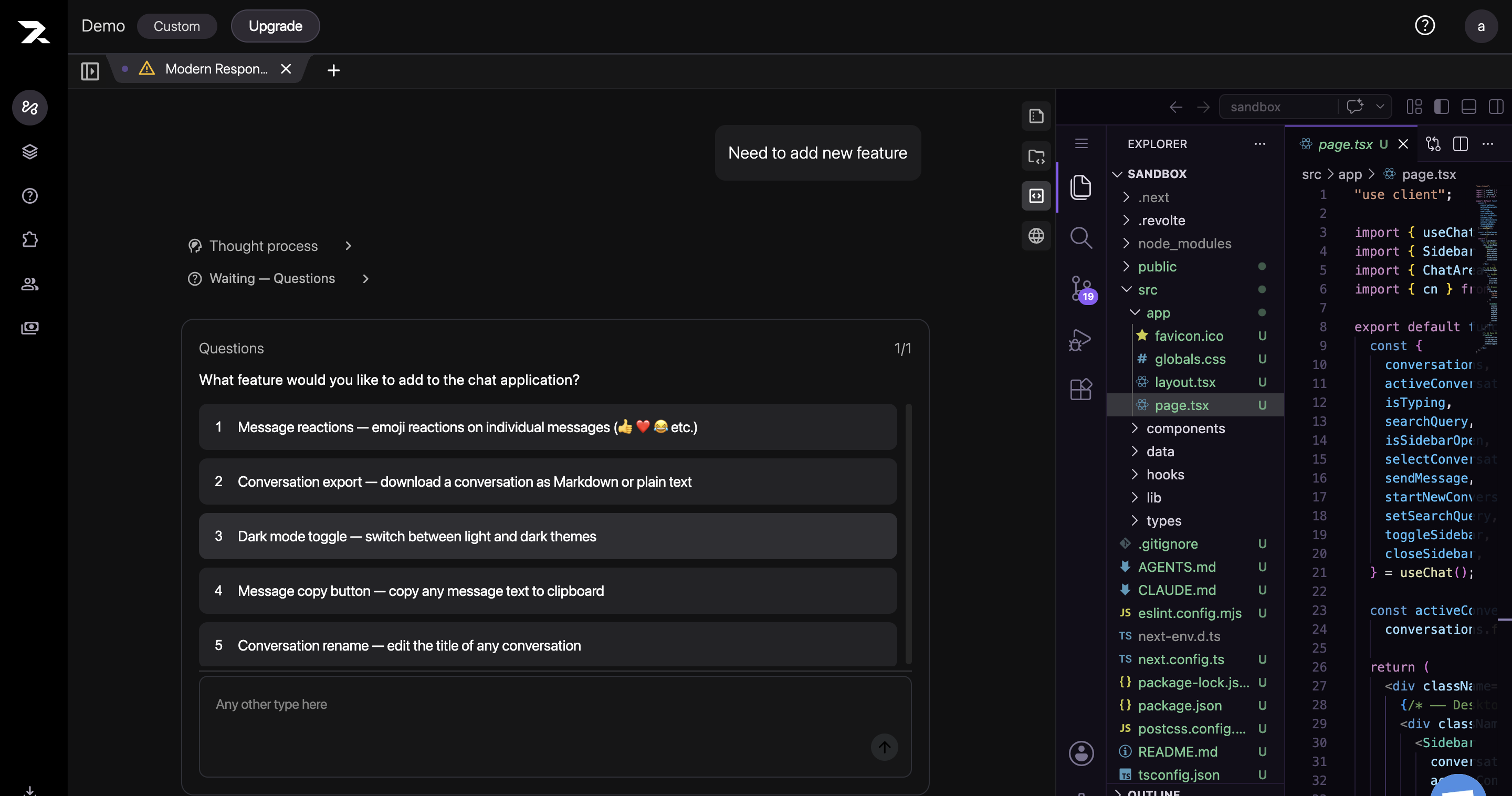 Revolte asking a focused follow-up question with suggested answers and space for a custom response.